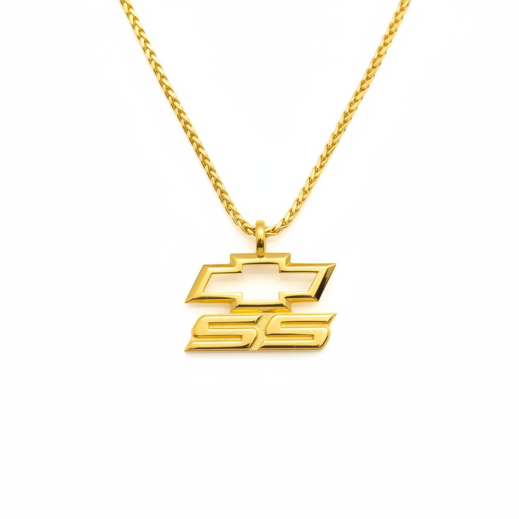 18K gold plated Chevy SS bowtie pendant necklace on a clean white background