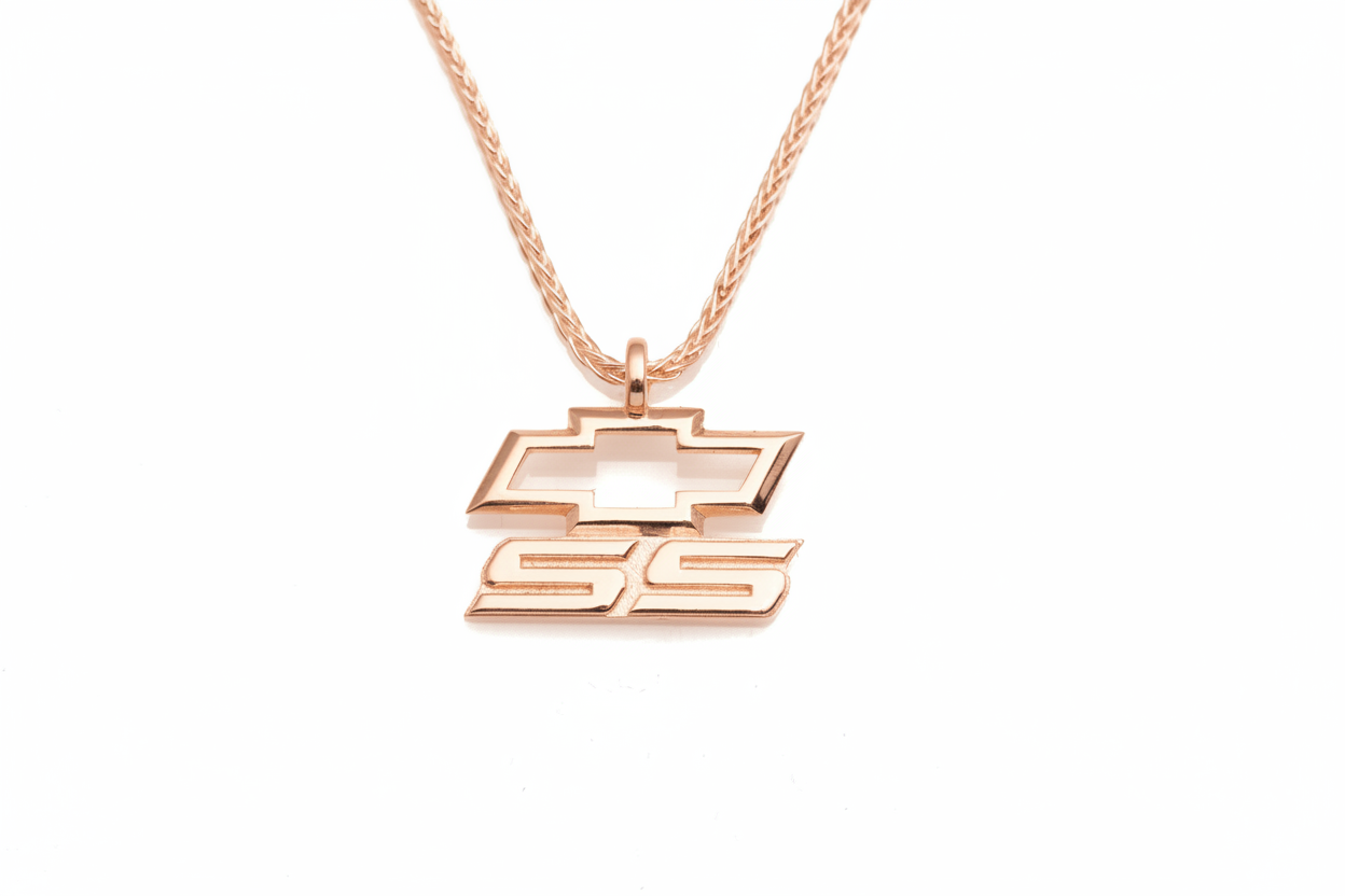 14K rose gold plated Chevy SS bowtie pendant necklace on a clean white background
